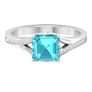 7 MM Asscher Cut Swiss Blue Topaz Solitaire with Diamond Split Shank Ring