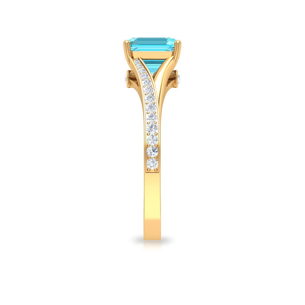 7 MM Asscher Cut Swiss Blue Topaz Solitaire with Diamond Split Shank Ring