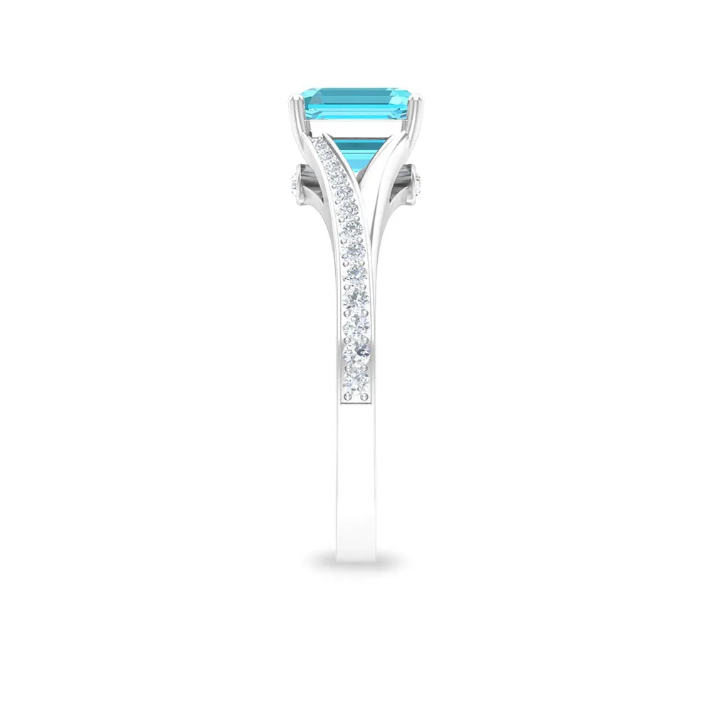 7 MM Asscher Cut Swiss Blue Topaz Solitaire with Diamond Split Shank Ring