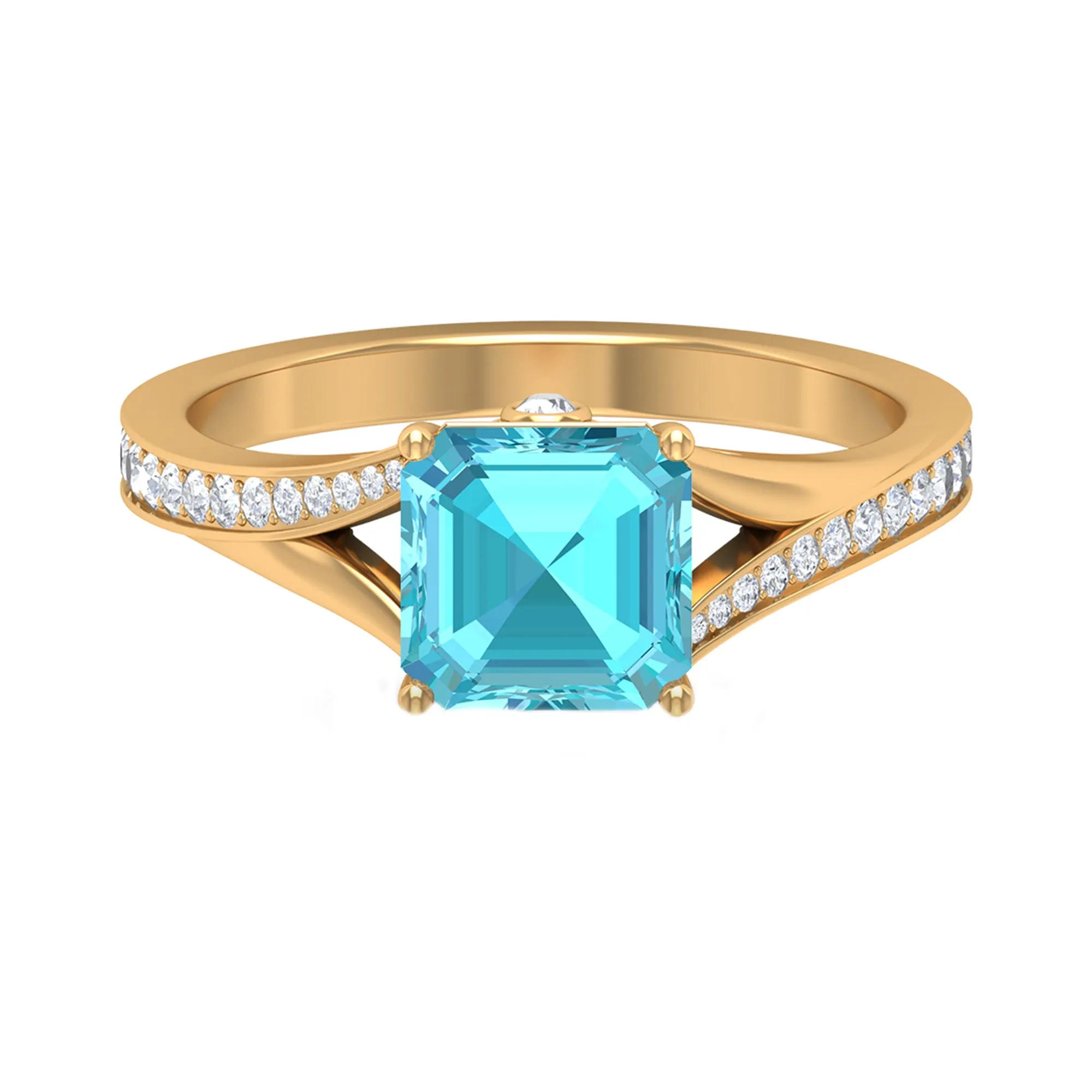 7 MM Asscher Cut Swiss Blue Topaz Solitaire with Diamond Split Shank Ring