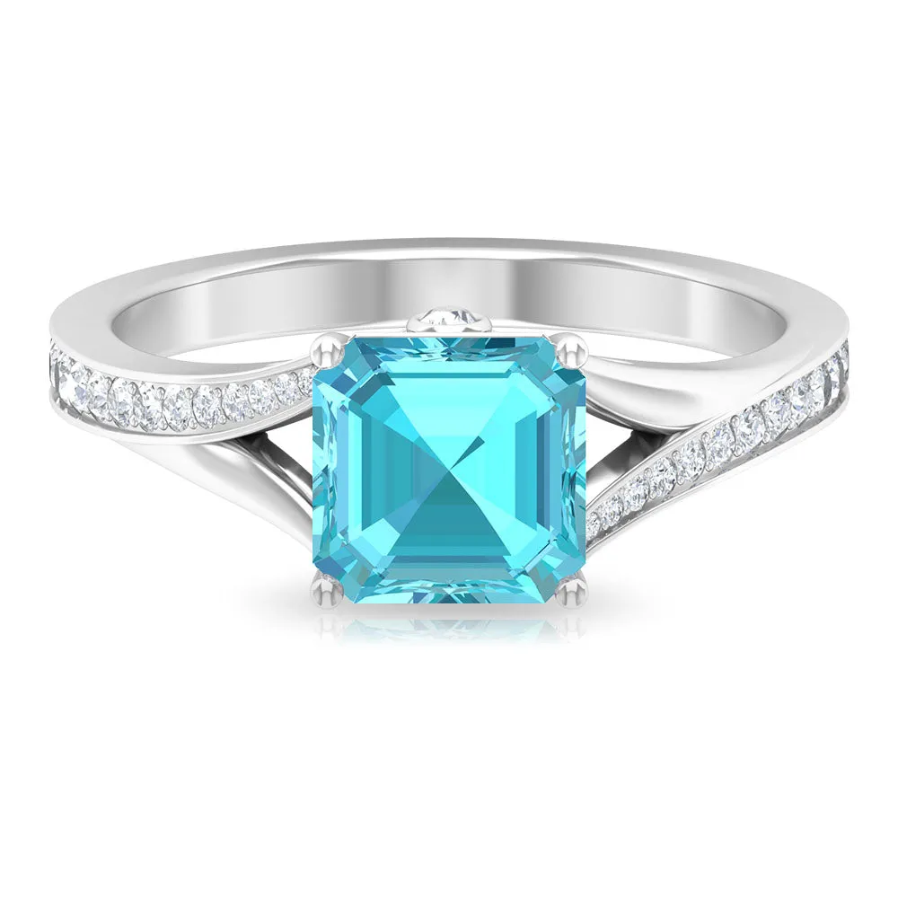 7 MM Asscher Cut Swiss Blue Topaz Solitaire with Diamond Split Shank Ring