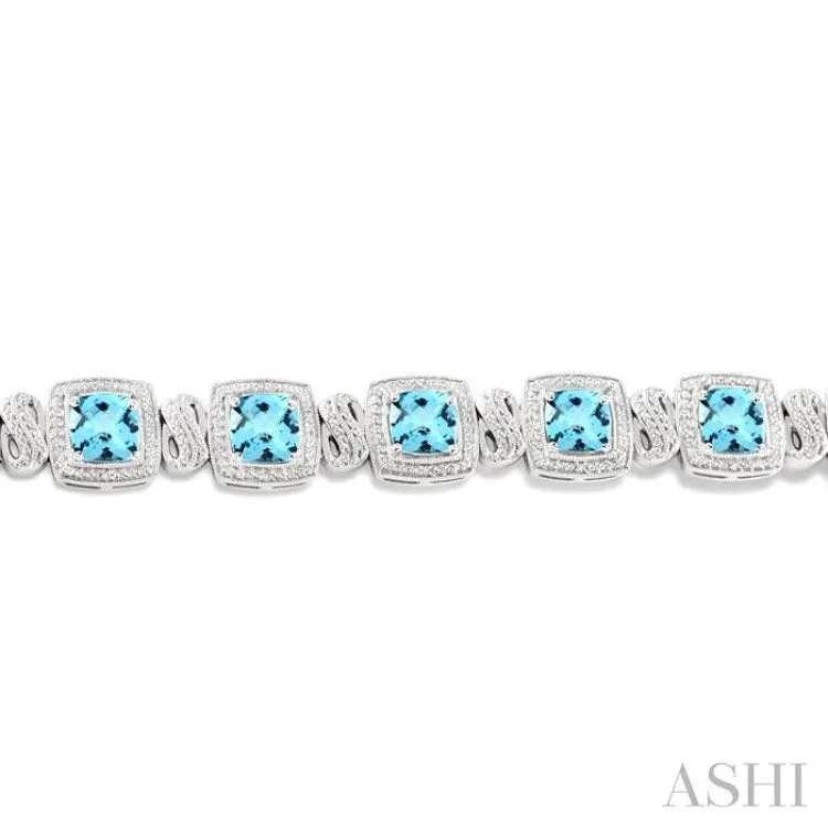 7x7 mm Cushion Cut Blue Topaz and 1/10 Ctw Single Cut Diamond Square Shape Bracelet in Sterling Silver