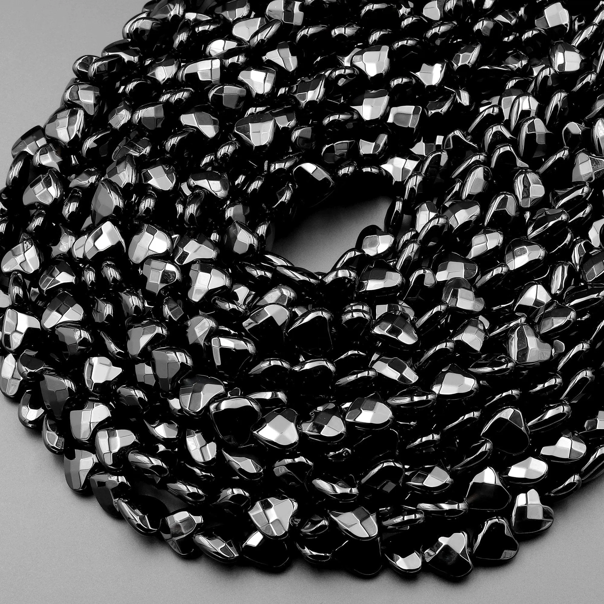 AAA Faceted Natural Black Onyx Heart Beads 8mm 14.5" Strand