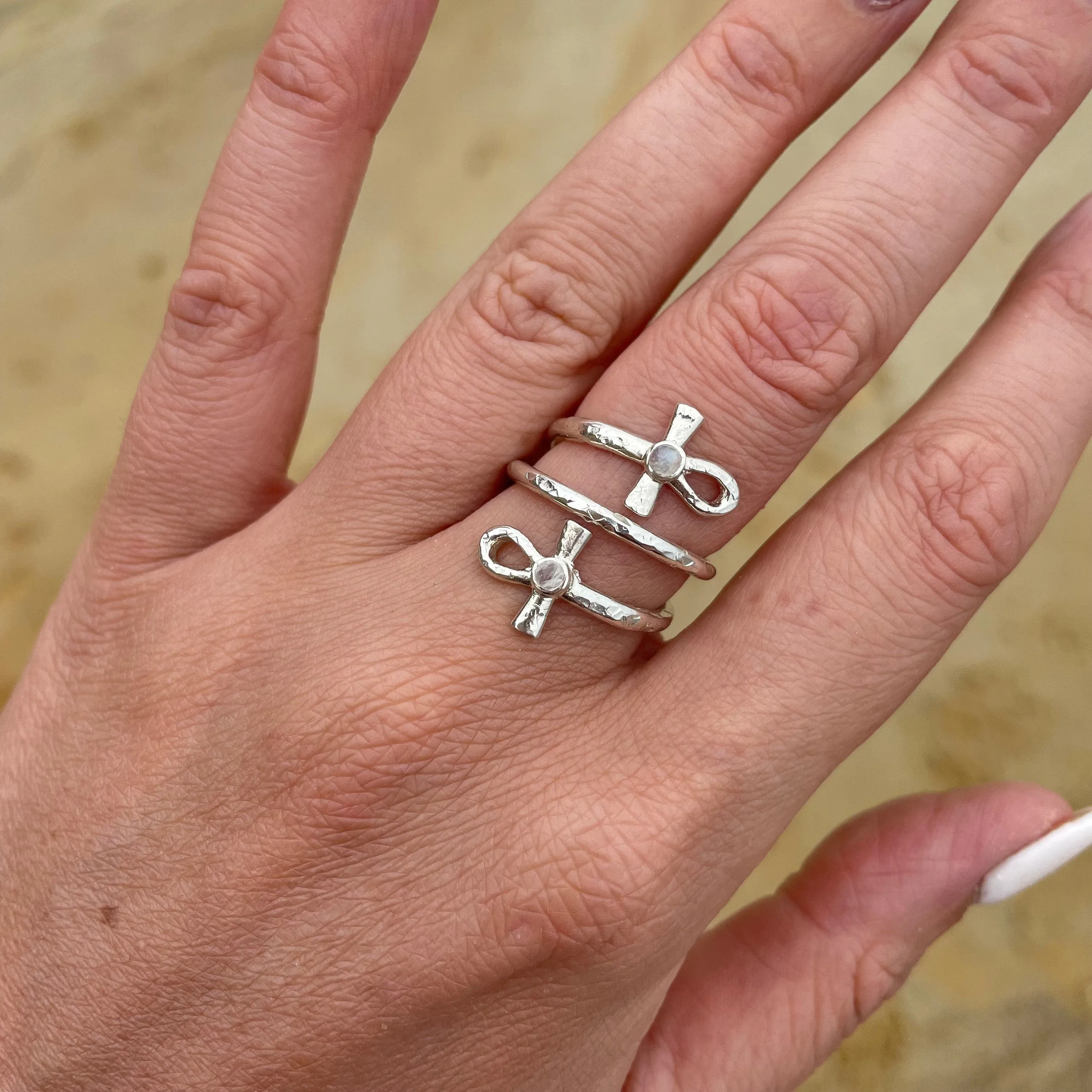 Ankh Sterling Silver Ring Rainbow Moonstone Ring