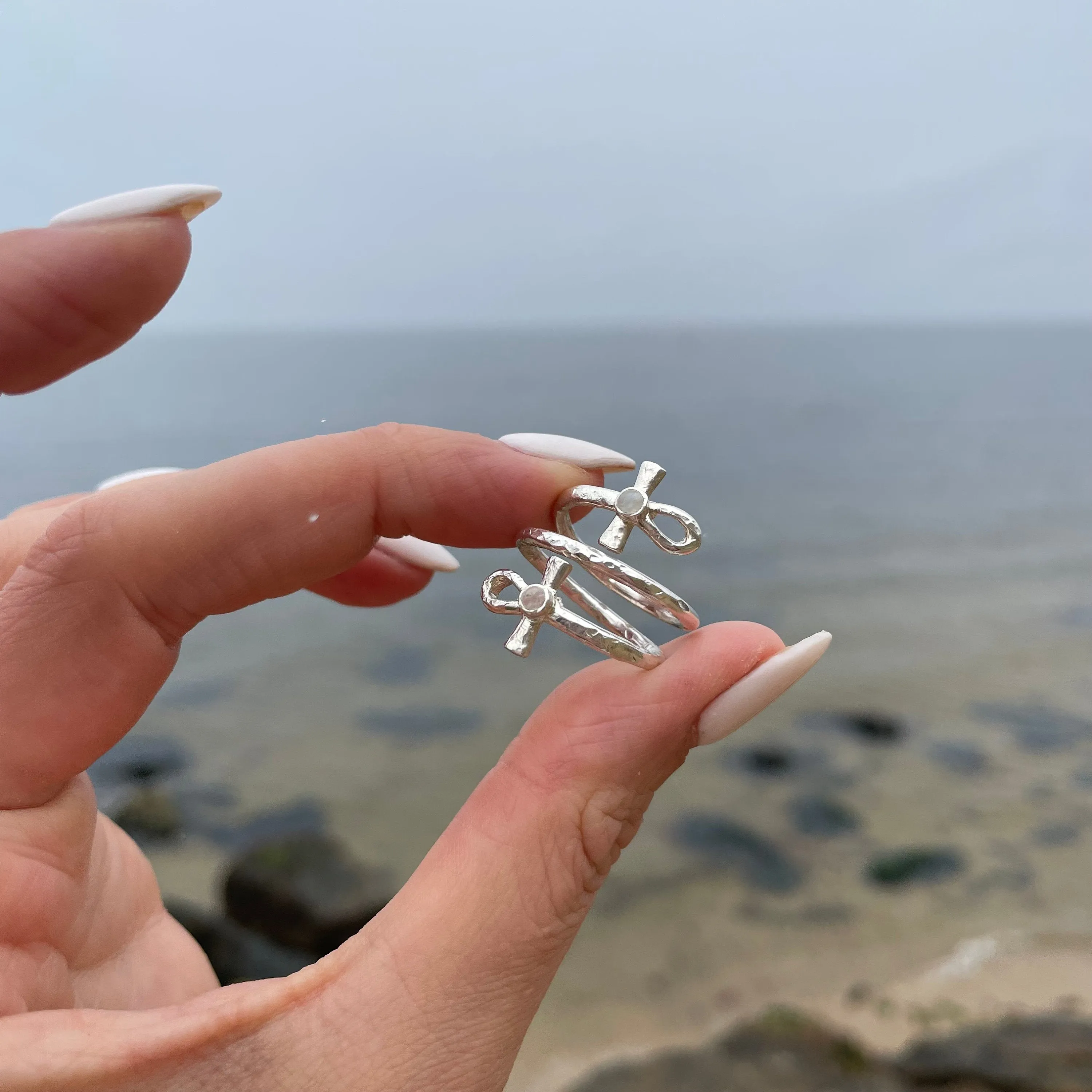 Ankh Sterling Silver Ring Rainbow Moonstone Ring