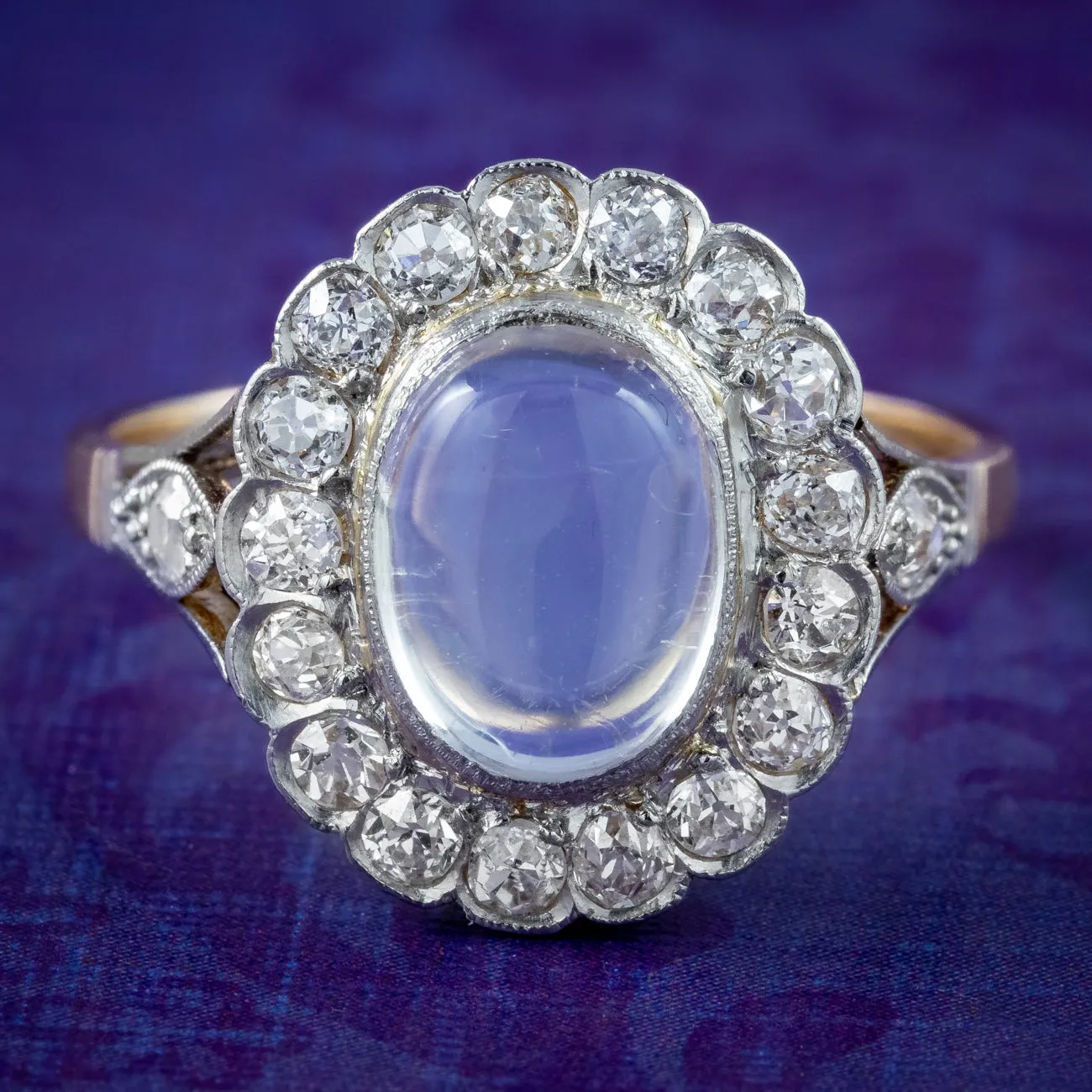 Antique Edwardian Moonstone Diamond Cluster Ring 1.45ct Moonstone