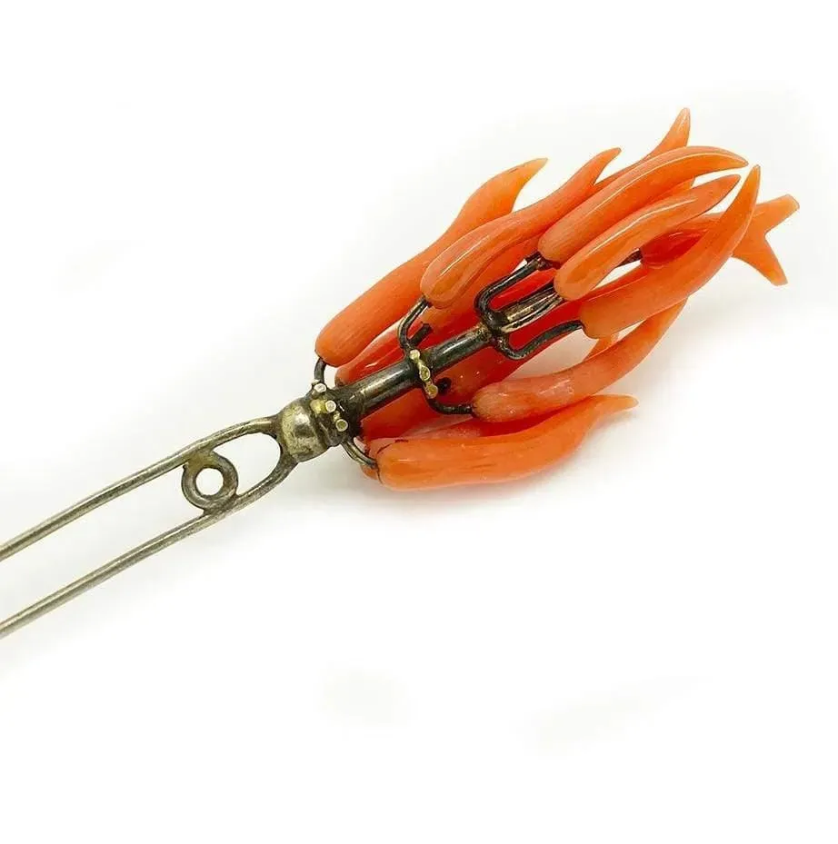 Antique Georgian Coral Hair Slide Pin Brooch