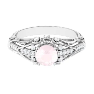 Antique Style Round Rose Quartz Engagement Ring with Diamond