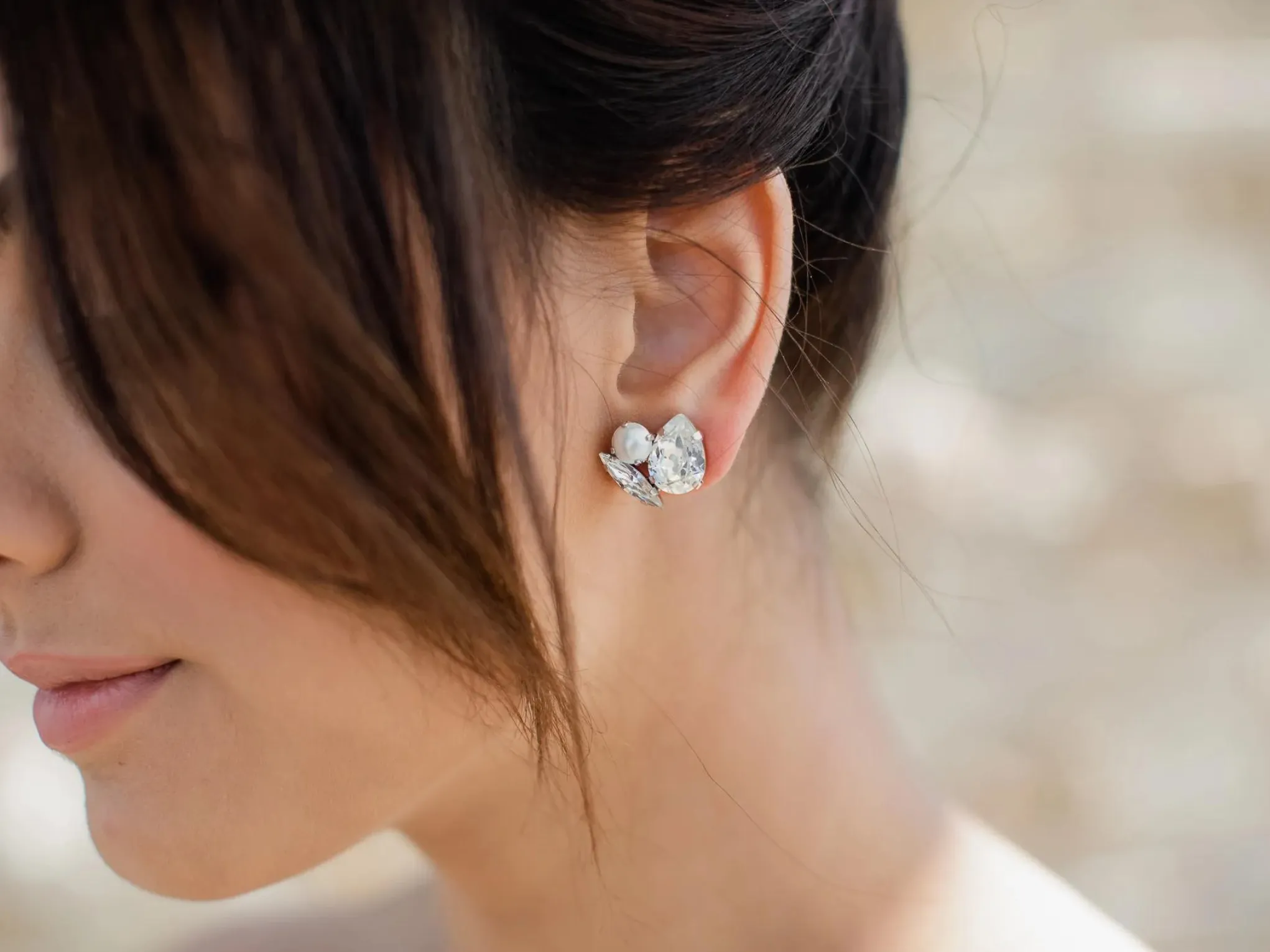 Bau - Silver Swarovski Pearl Bridal Cluster Earrings