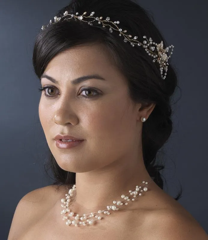 Beautiful Vintage Inspired Crystal Pearl Bridal Hair Vine with Side Accents