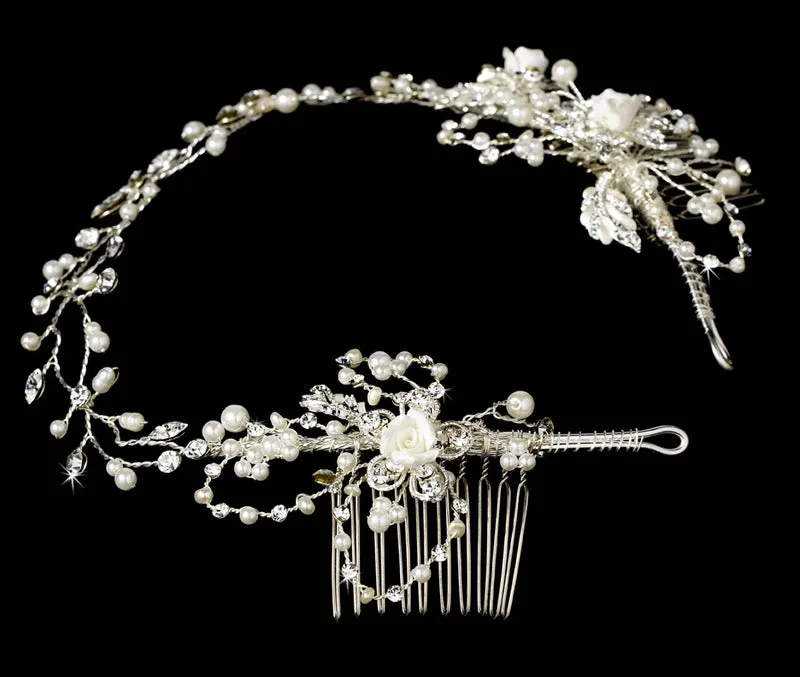 Beautiful Vintage Inspired Crystal Pearl Bridal Hair Vine with Side Accents