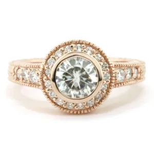 Bezel Set Moissanite Engagement Ring Carved Vintage Style - Kat