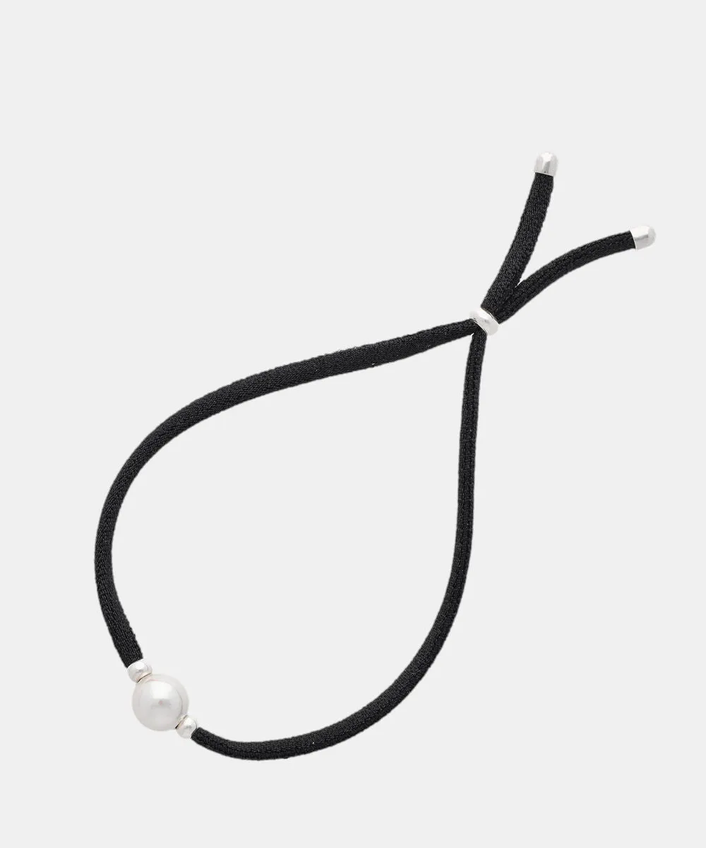 Black Elastic Bracelet for Women with Organic Pearl, 8mm Round White Pearl, Adjustable 7.8" Length, Sifnos Collection