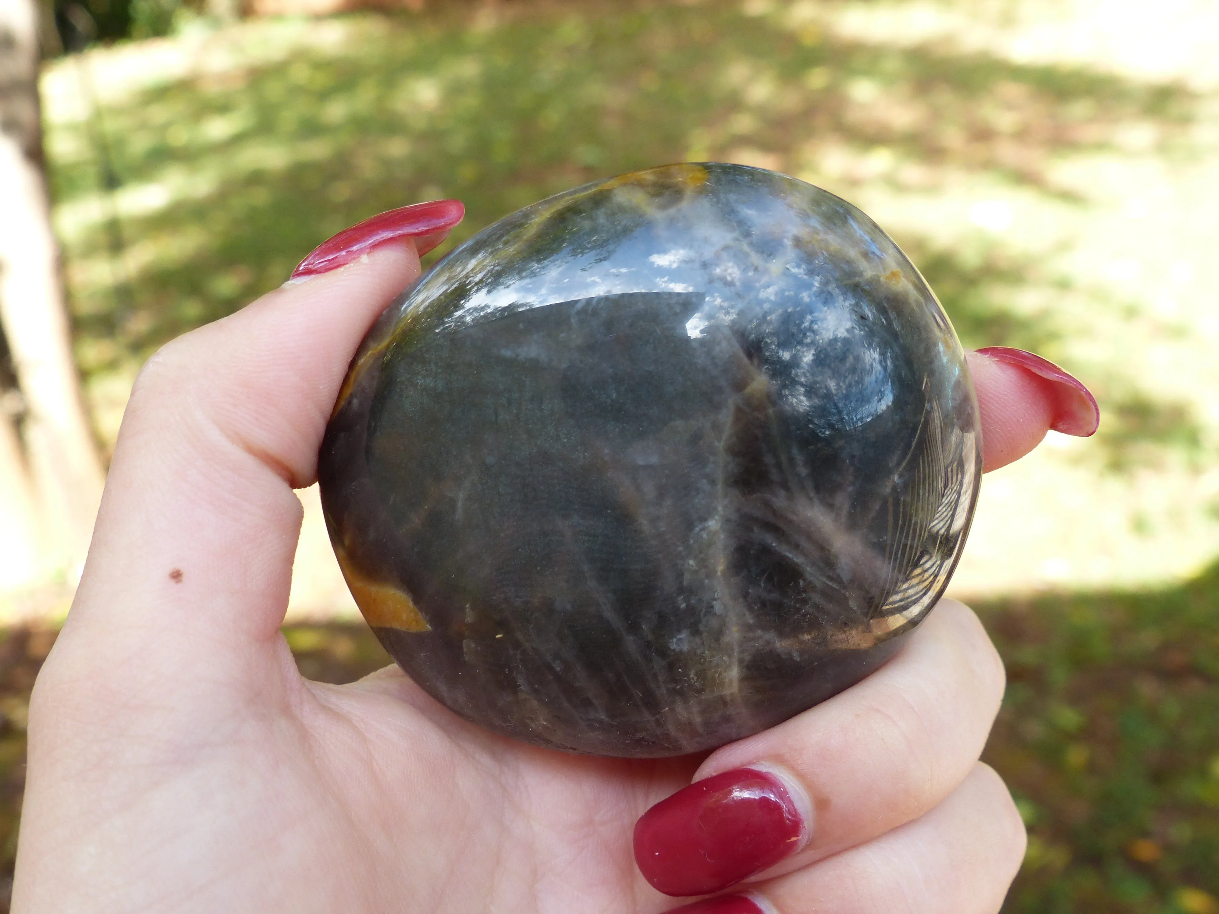 Black Moonstone Palm Stone with Olive Green FLASH! (#7)