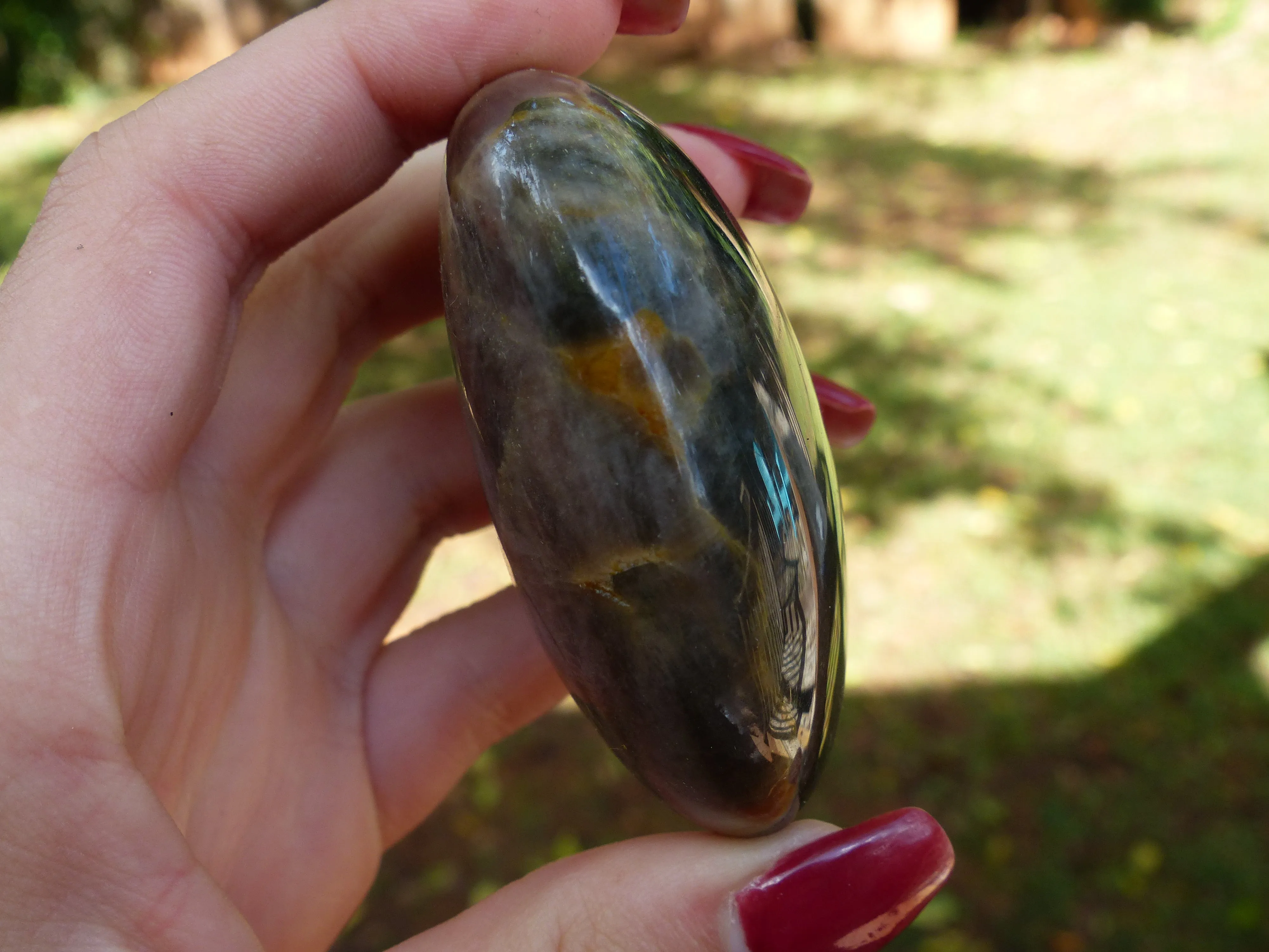 Black Moonstone Palm Stone with Olive Green FLASH! (#7)