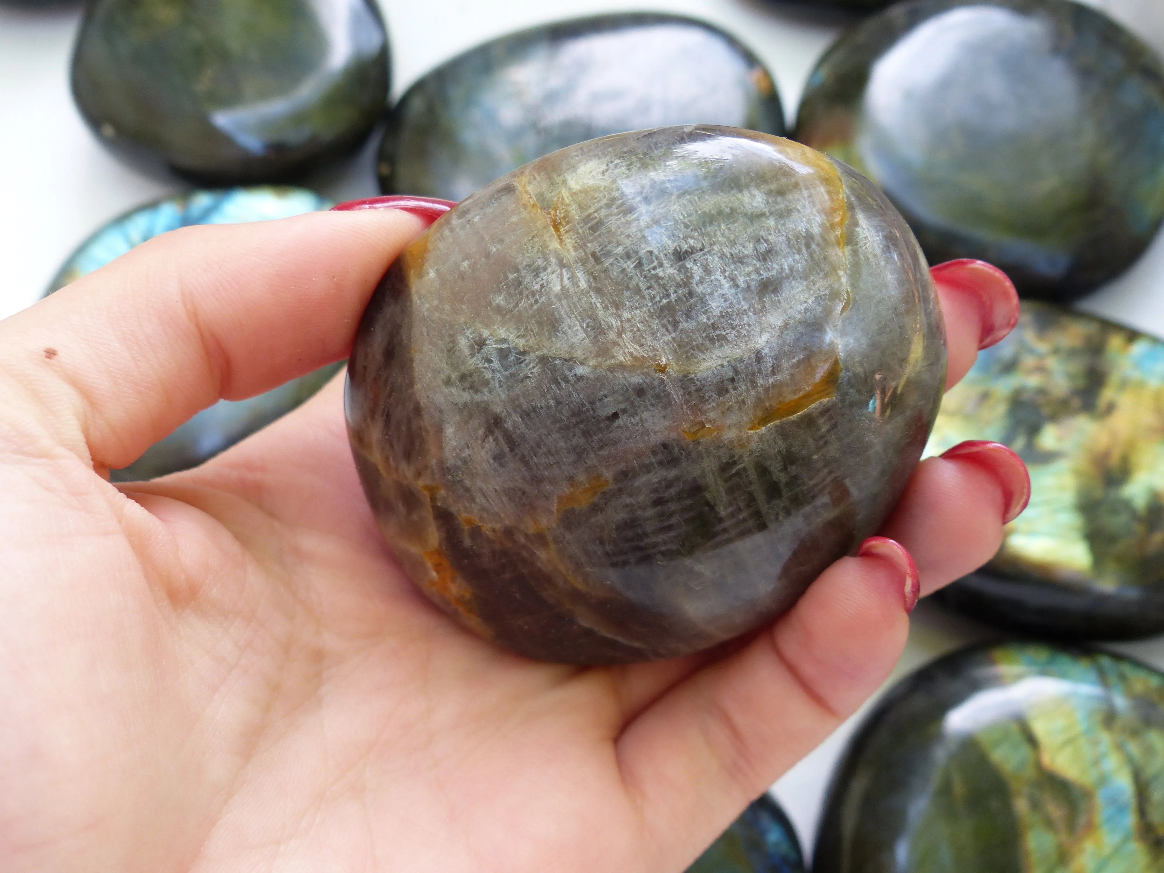 Black Moonstone Palm Stone with Olive Green FLASH! (#7)