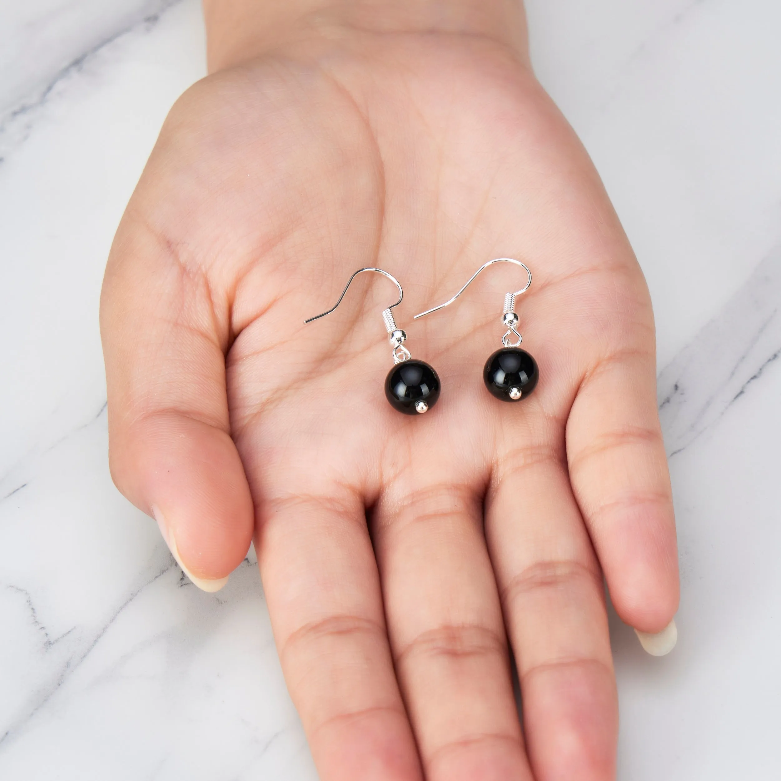 Black Onyx Gemstone Round Drop Earrings