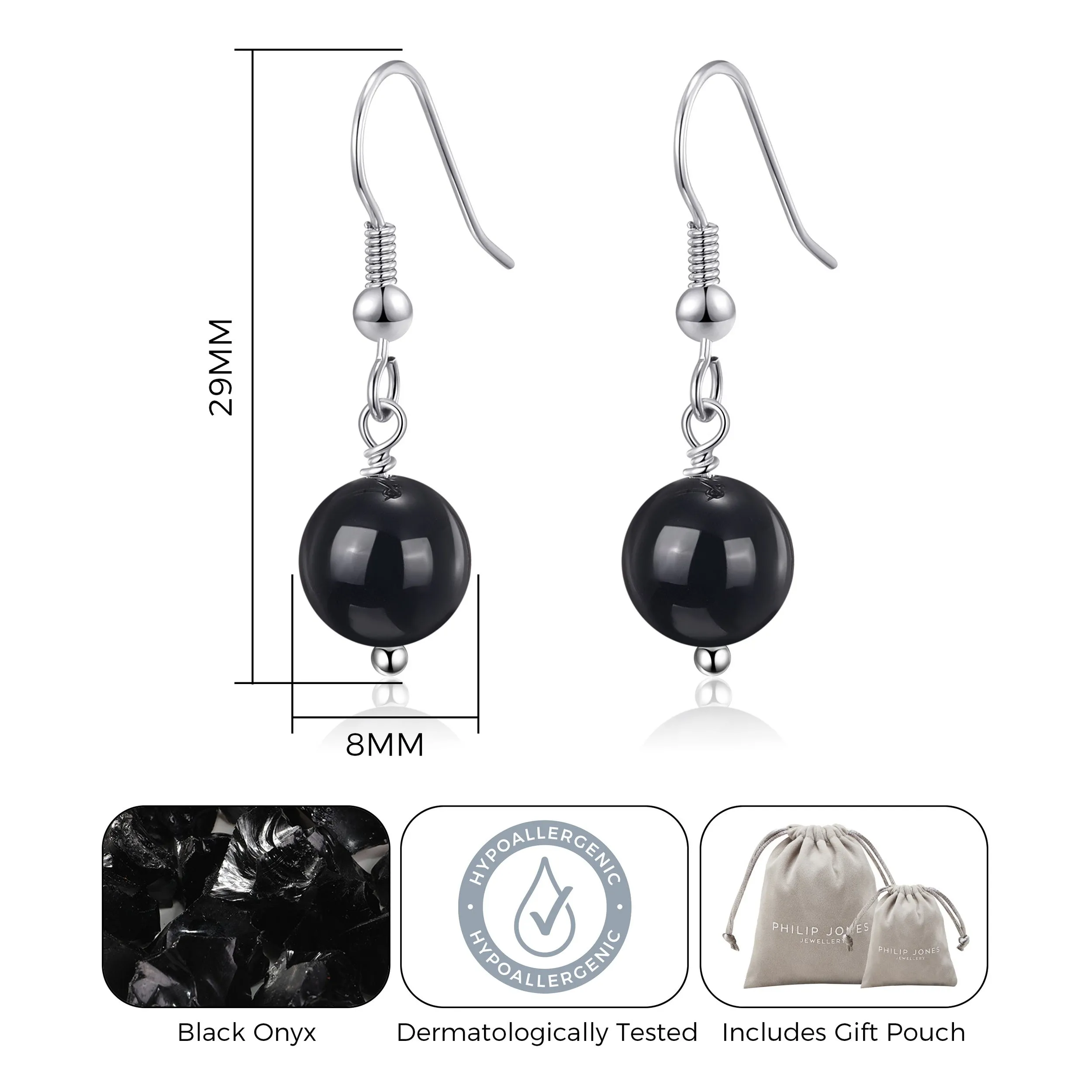 Black Onyx Gemstone Round Drop Earrings