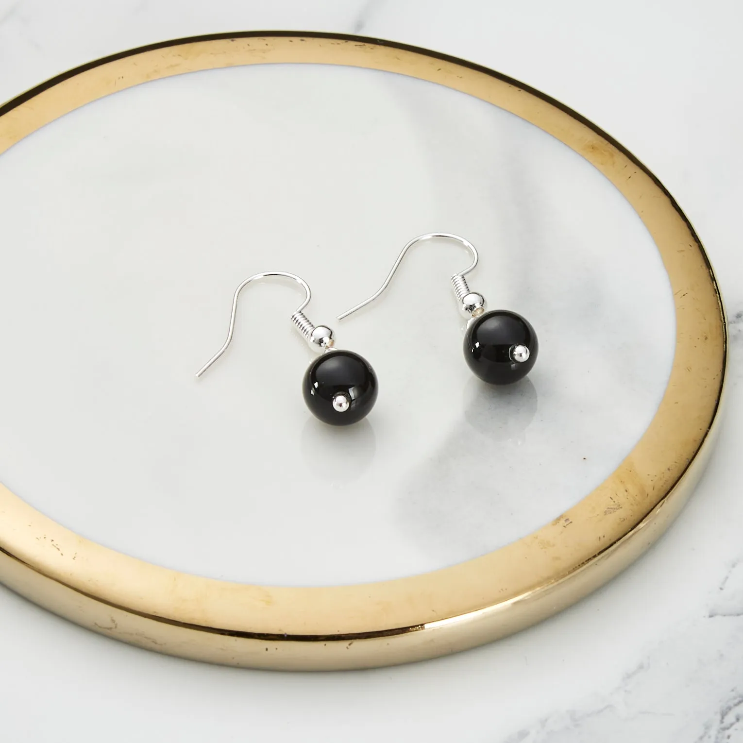 Black Onyx Gemstone Round Drop Earrings