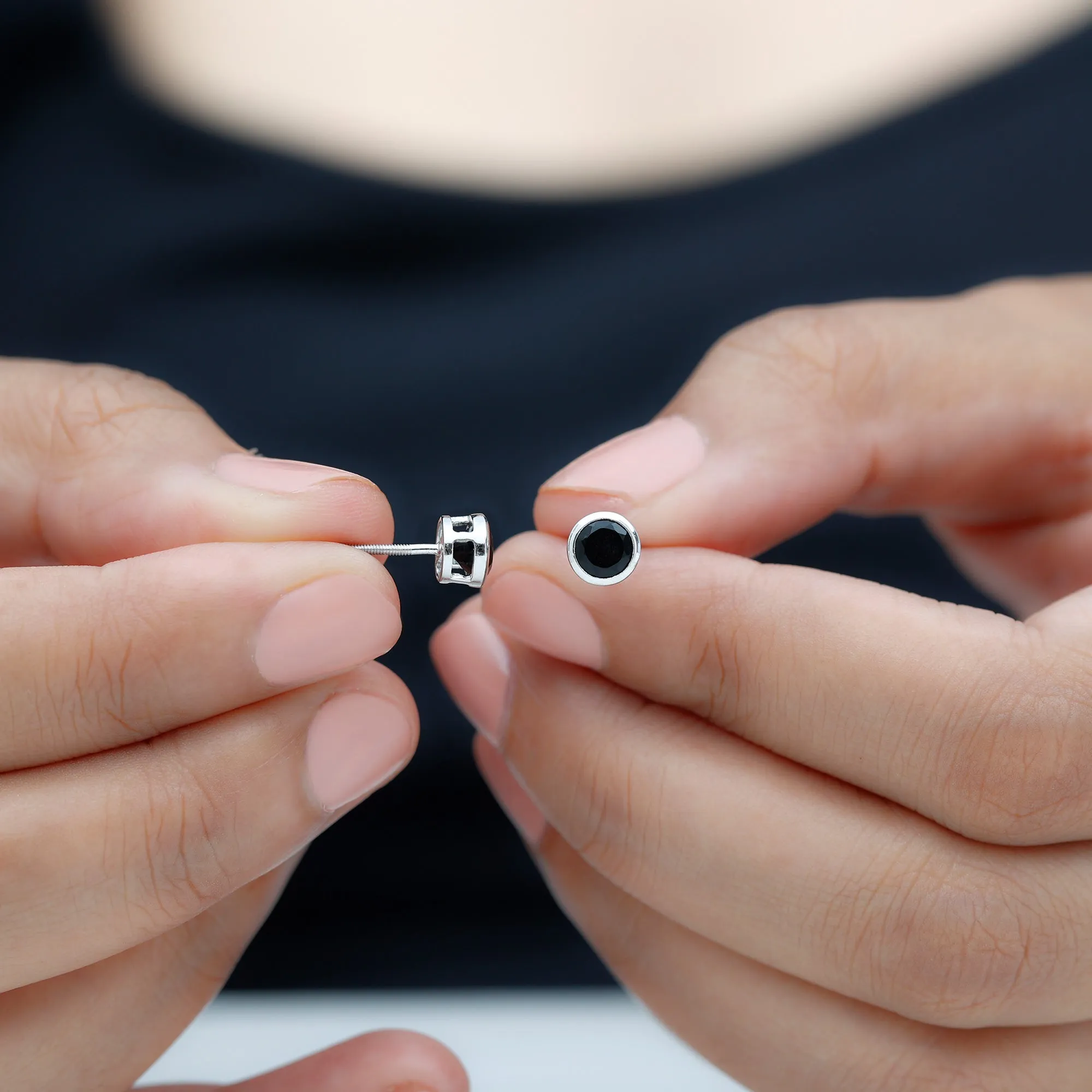 Black Onyx Solitaire Stud Earrings in Bezel Setting