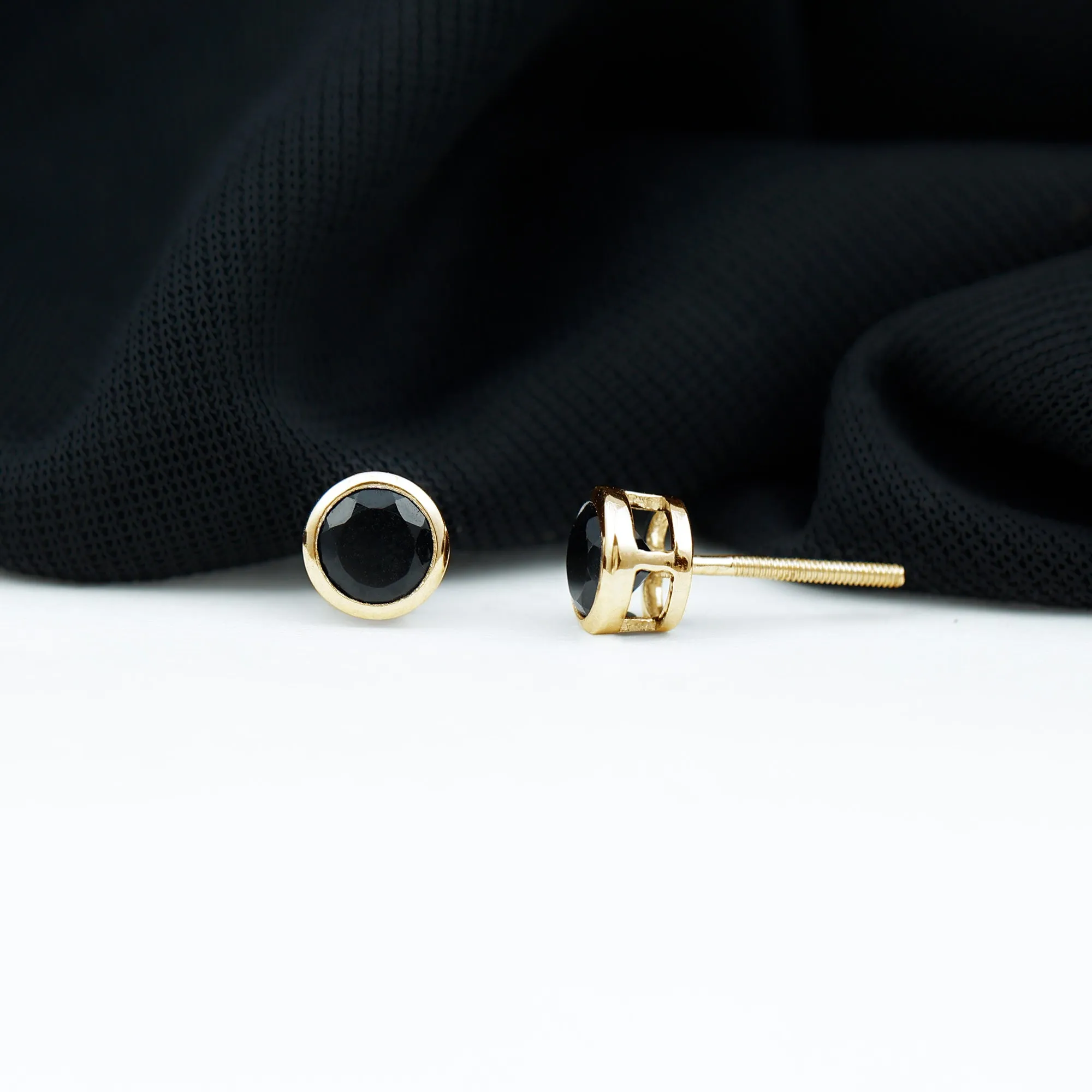 Black Onyx Solitaire Stud Earrings in Bezel Setting