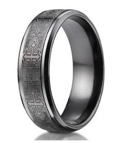 Black Titanium Men's Wedding Band Cathedral Crosses -9mm