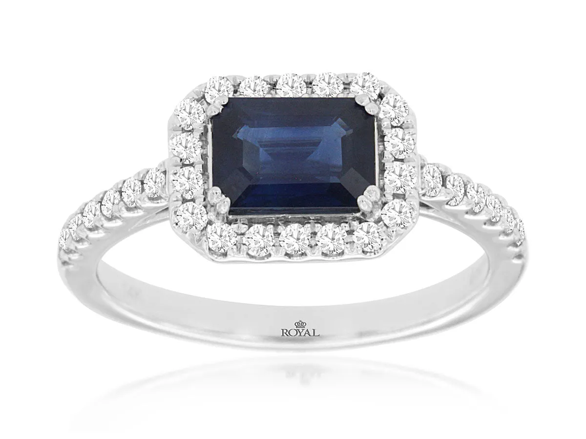 Blue Sapphire East West and Diamond Halo Ring