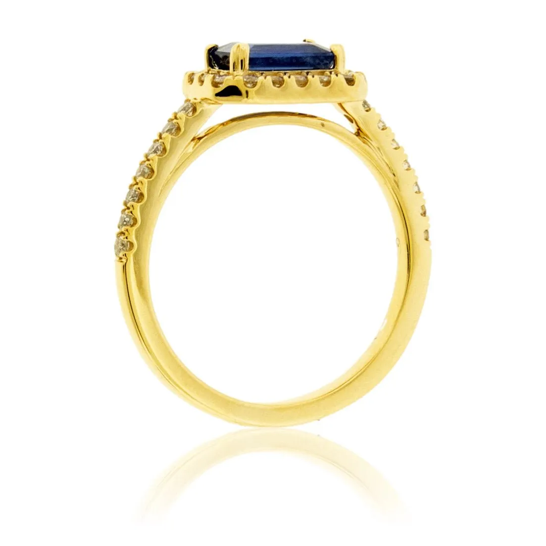 Blue Sapphire East West and Diamond Halo Ring