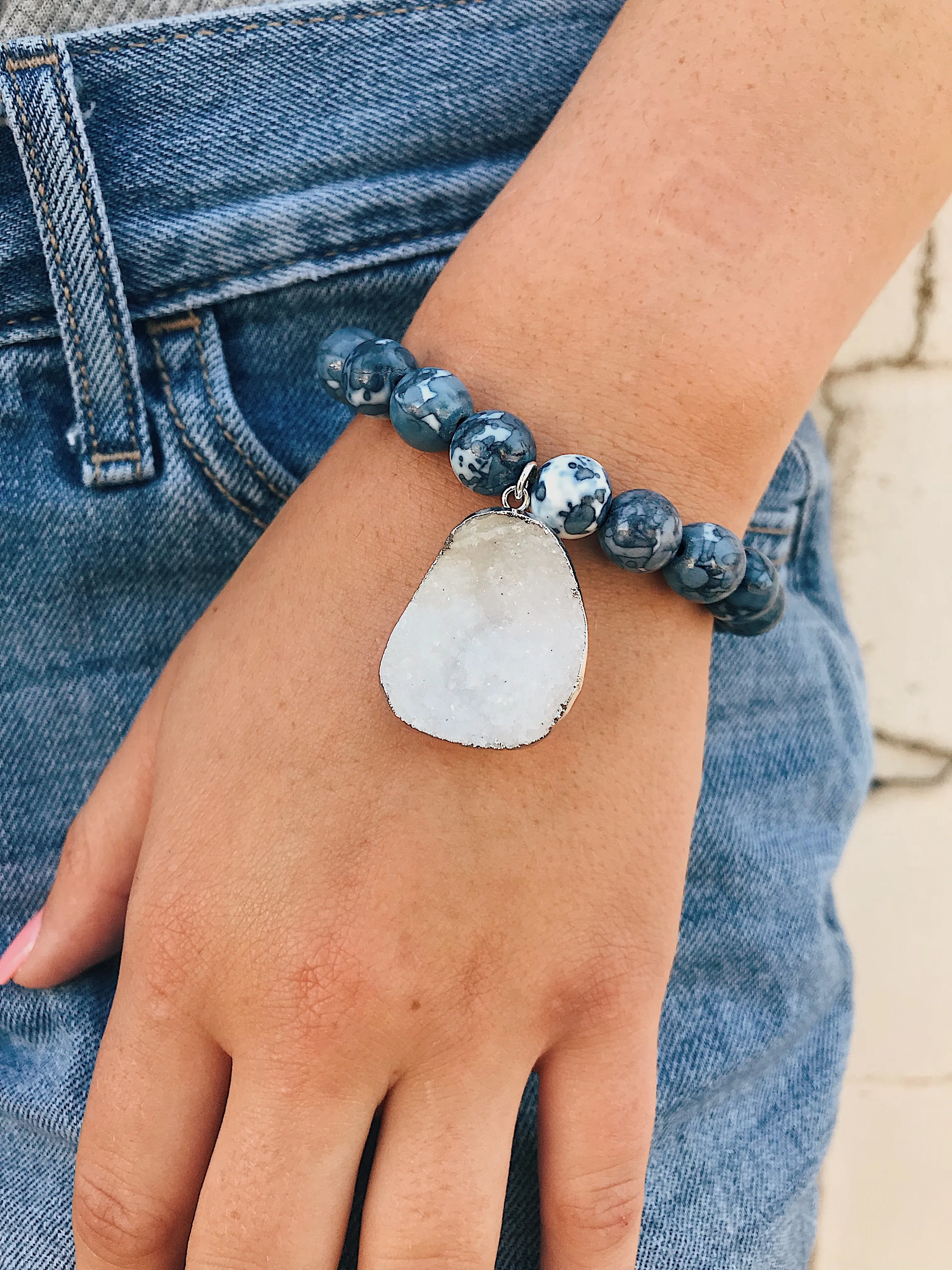 Blue Sodalite Bracelet // Druzy Charm