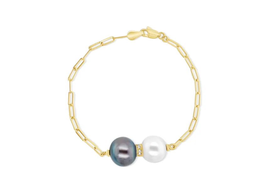 Bracelet 18kt Gold Paper Clip with White, Black South Sea Pearls and Diamonds