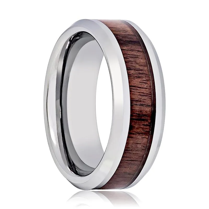 BRUTUS | Silver Tungsten Ring, Mahogany Wood Inlay, Beveled