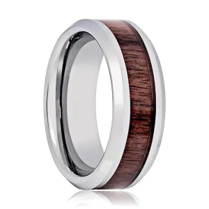 BRUTUS | Silver Tungsten Ring, Mahogany Wood Inlay, Beveled