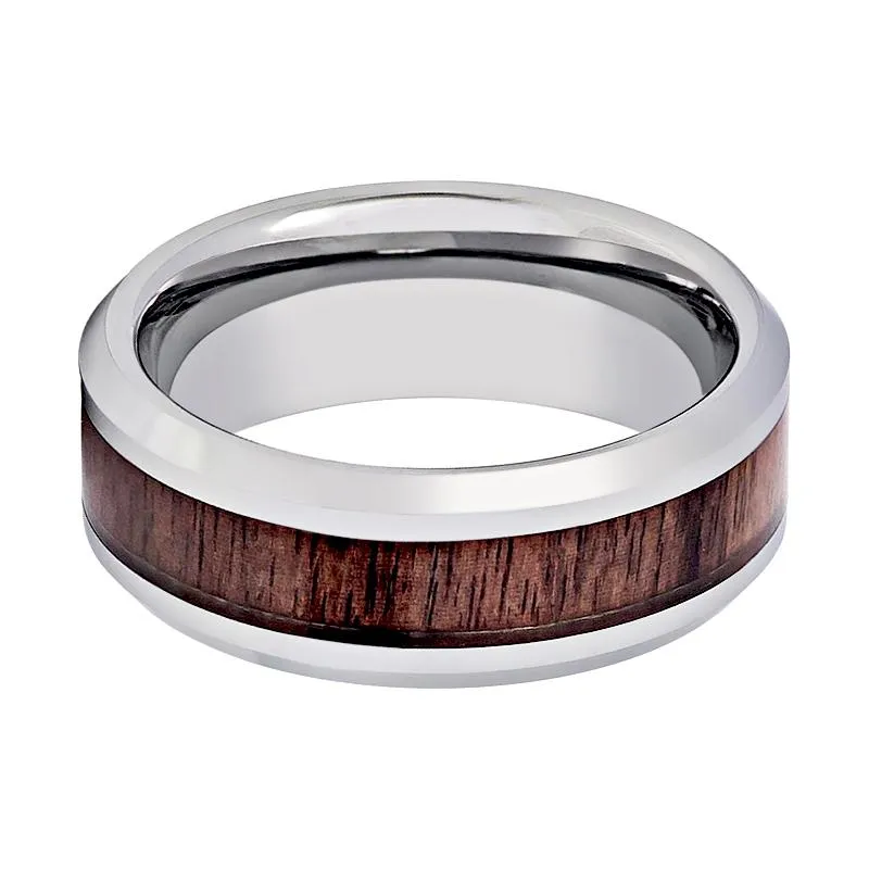 BRUTUS | Silver Tungsten Ring, Mahogany Wood Inlay, Beveled