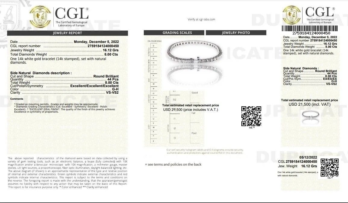 Certified 8.00CT Round cut Tennis Bracelet in 14KT White Gold