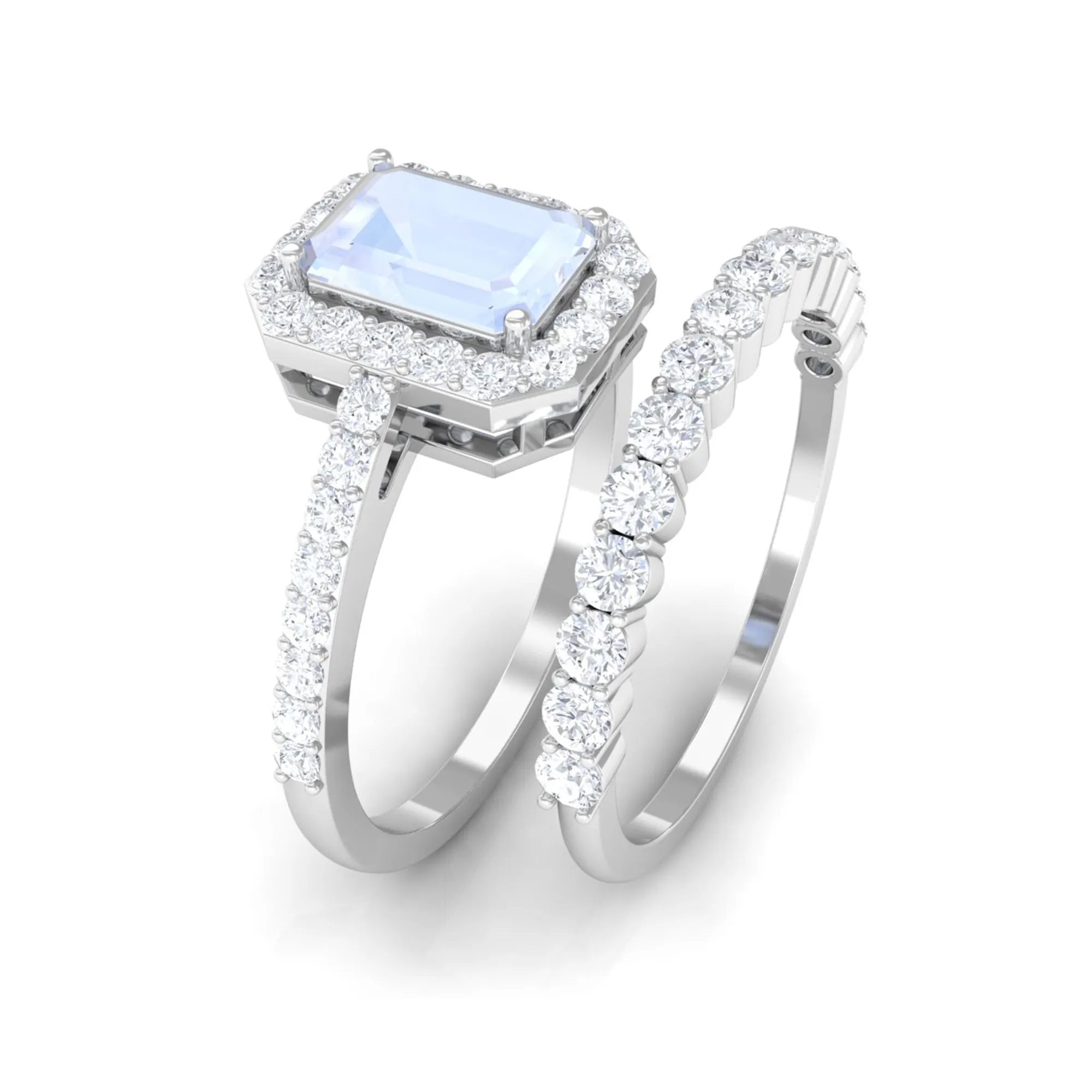 Certified Moonstone and Moissanite Stackable Ring Set