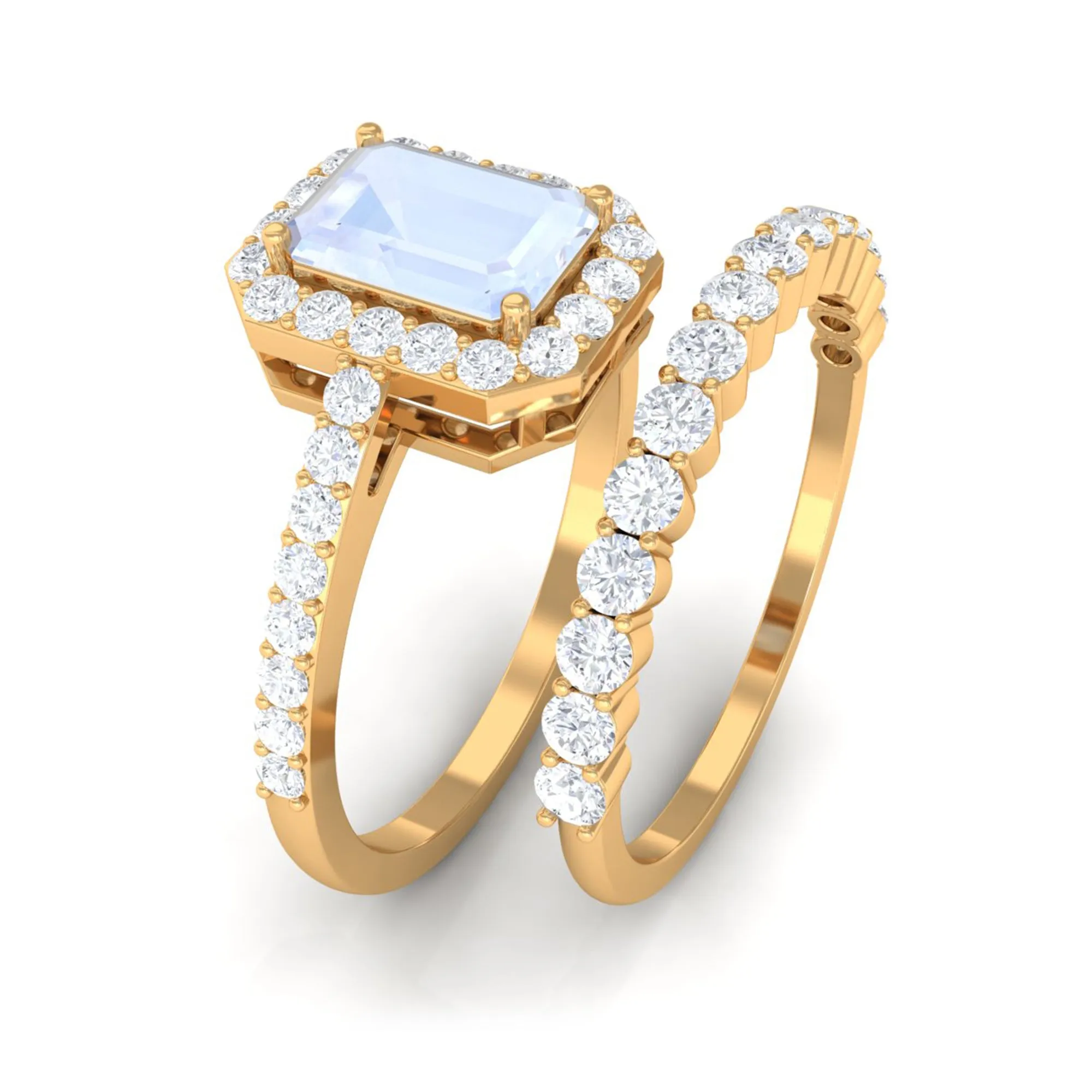 Certified Moonstone and Moissanite Stackable Ring Set