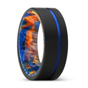 CHAKRA | Blue & Yellow/Orange Wood, Black Tungsten Ring, Blue Offset Groove, Flat