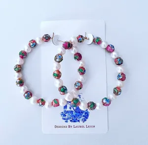 Cloisonné & Pearl Hoop Earrings