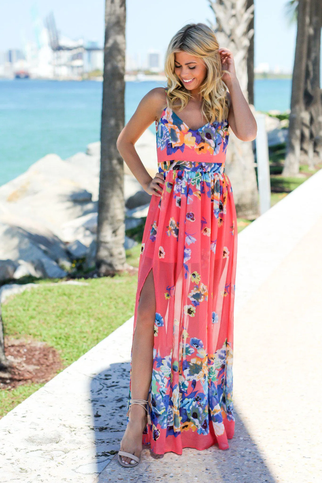 Coral Floral Maxi Dress with Side Slit