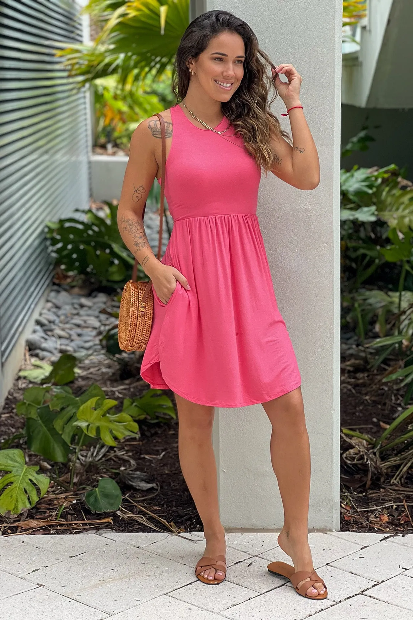 Coral Racerback Short Dress With Pockets