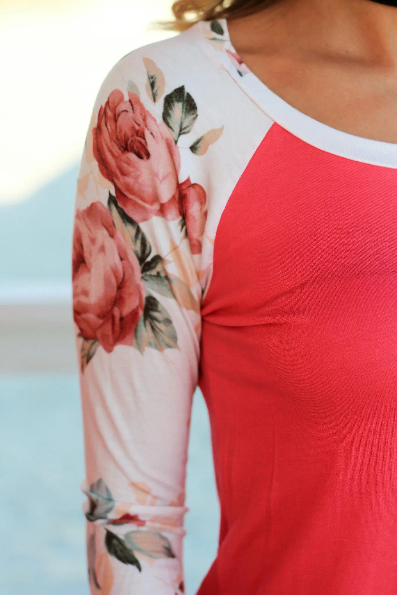 Coral Top with 3/4 Floral Sleeves