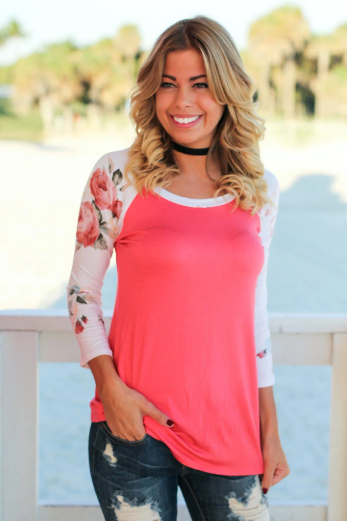 Coral Top with 3/4 Floral Sleeves