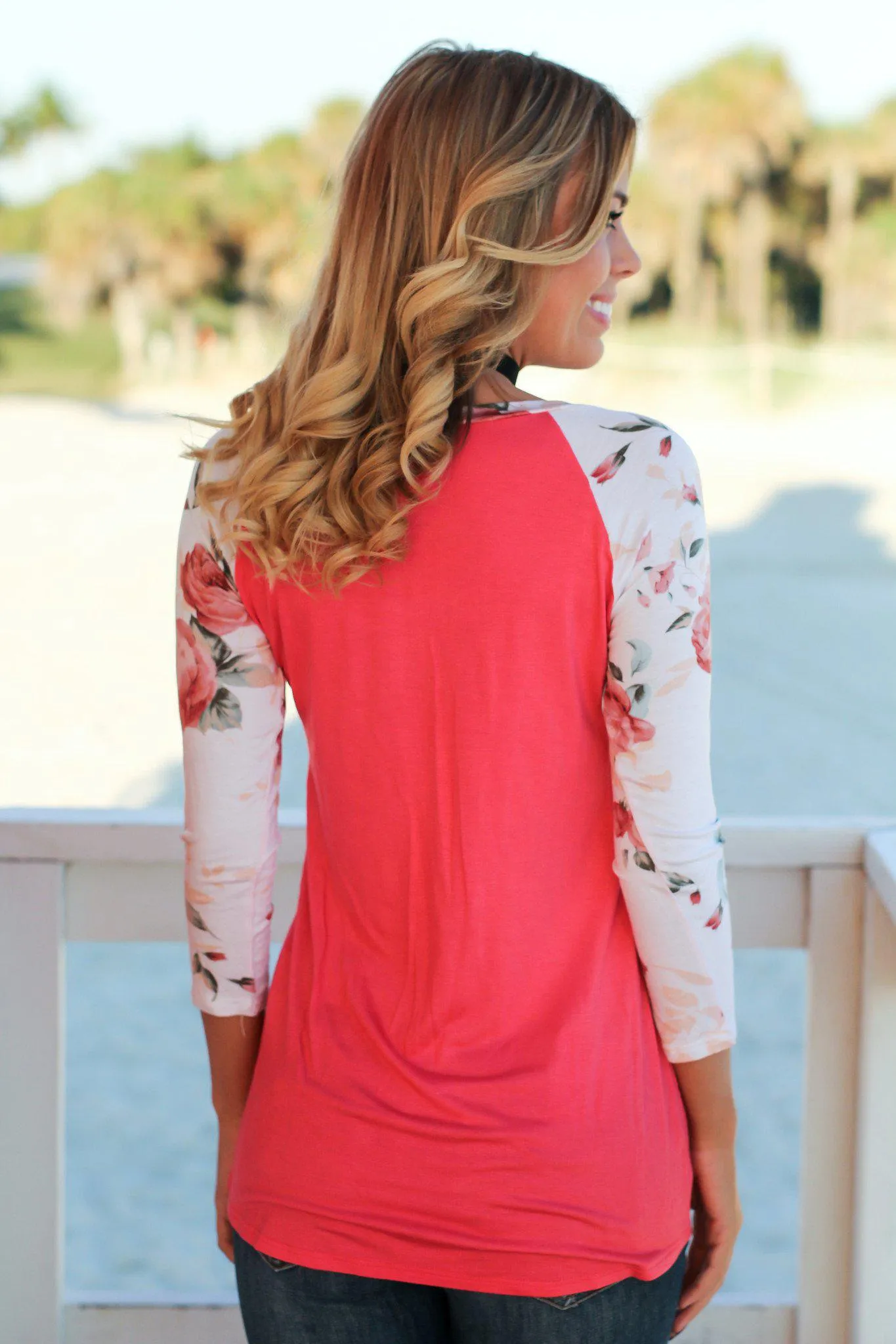 Coral Top with 3/4 Floral Sleeves