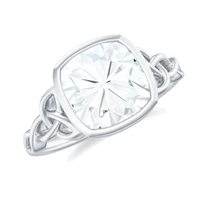 Cushion Cut Moissanite Solitaire Celtic Knot Ring in Bezel Setting