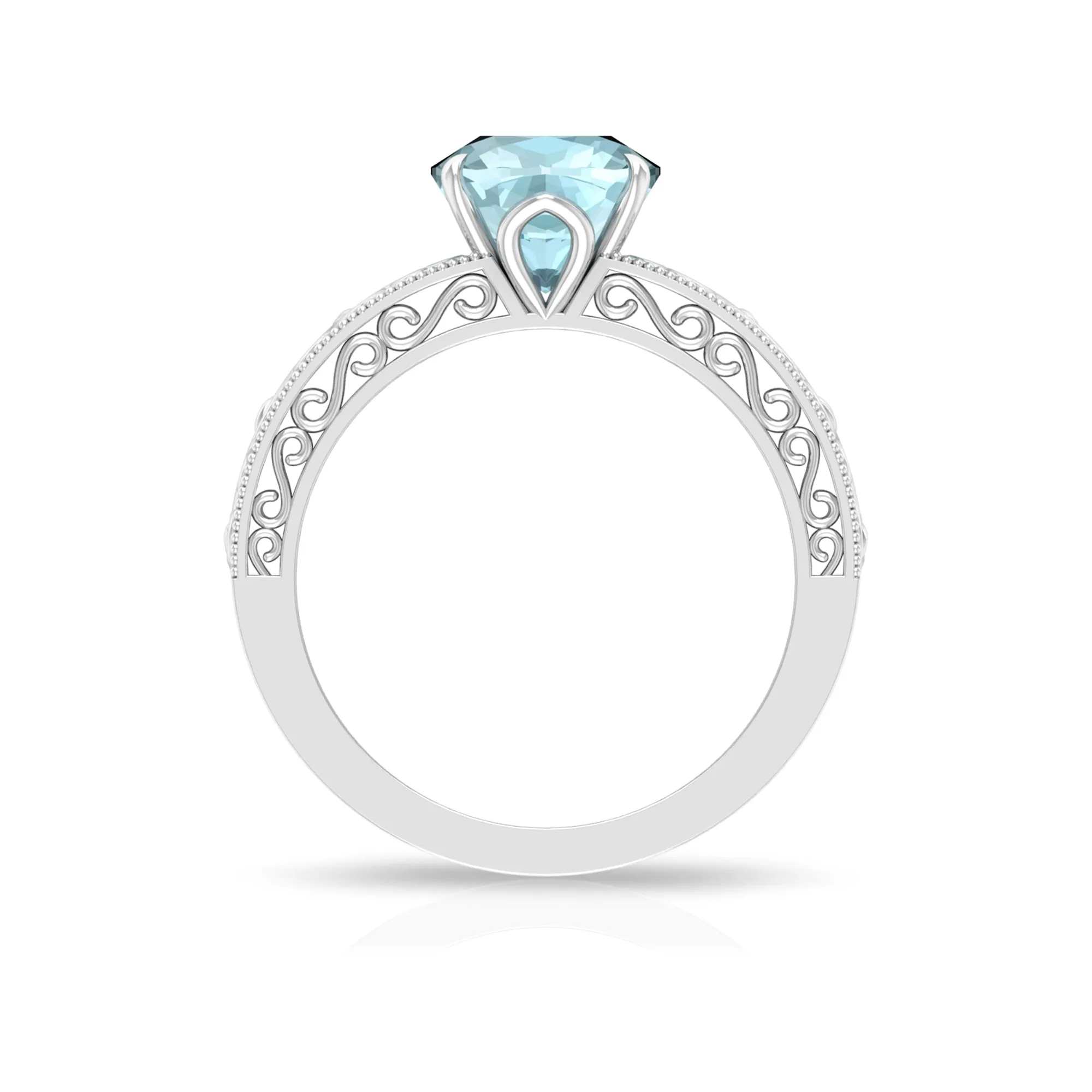 Cushion Cut Solitaire Sky Blue Topaz Filigree Ring in Claw Setting