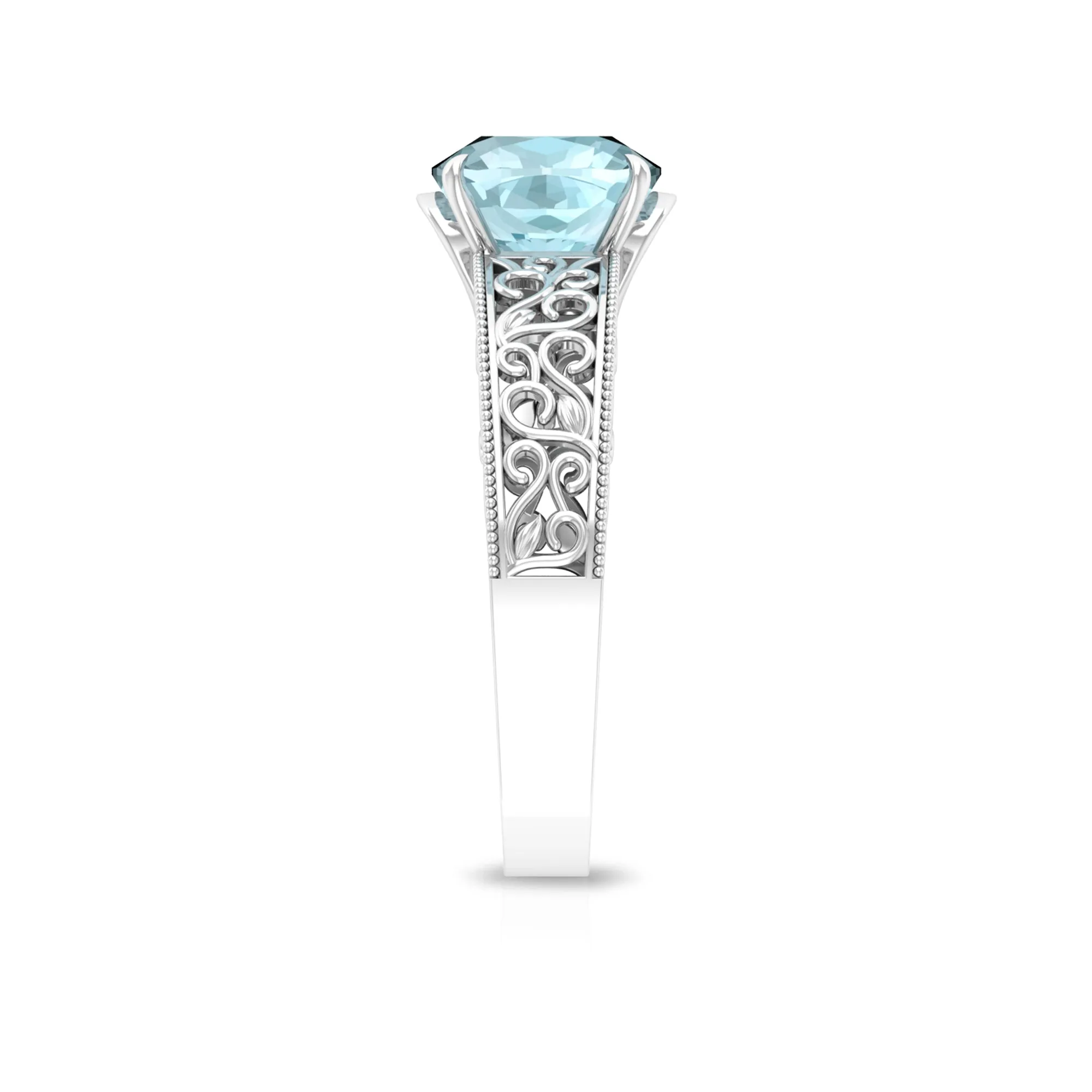 Cushion Cut Solitaire Sky Blue Topaz Filigree Ring in Claw Setting