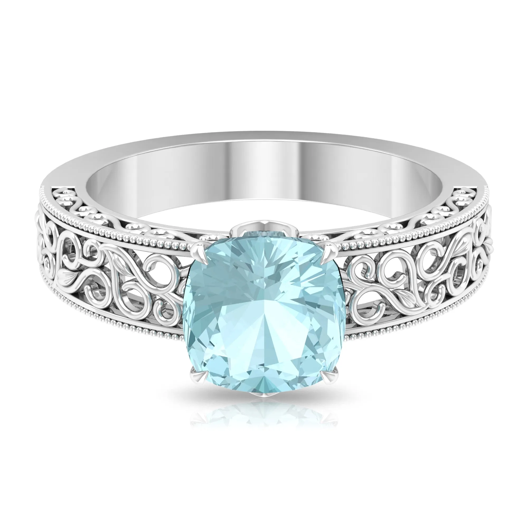 Cushion Cut Solitaire Sky Blue Topaz Filigree Ring in Claw Setting