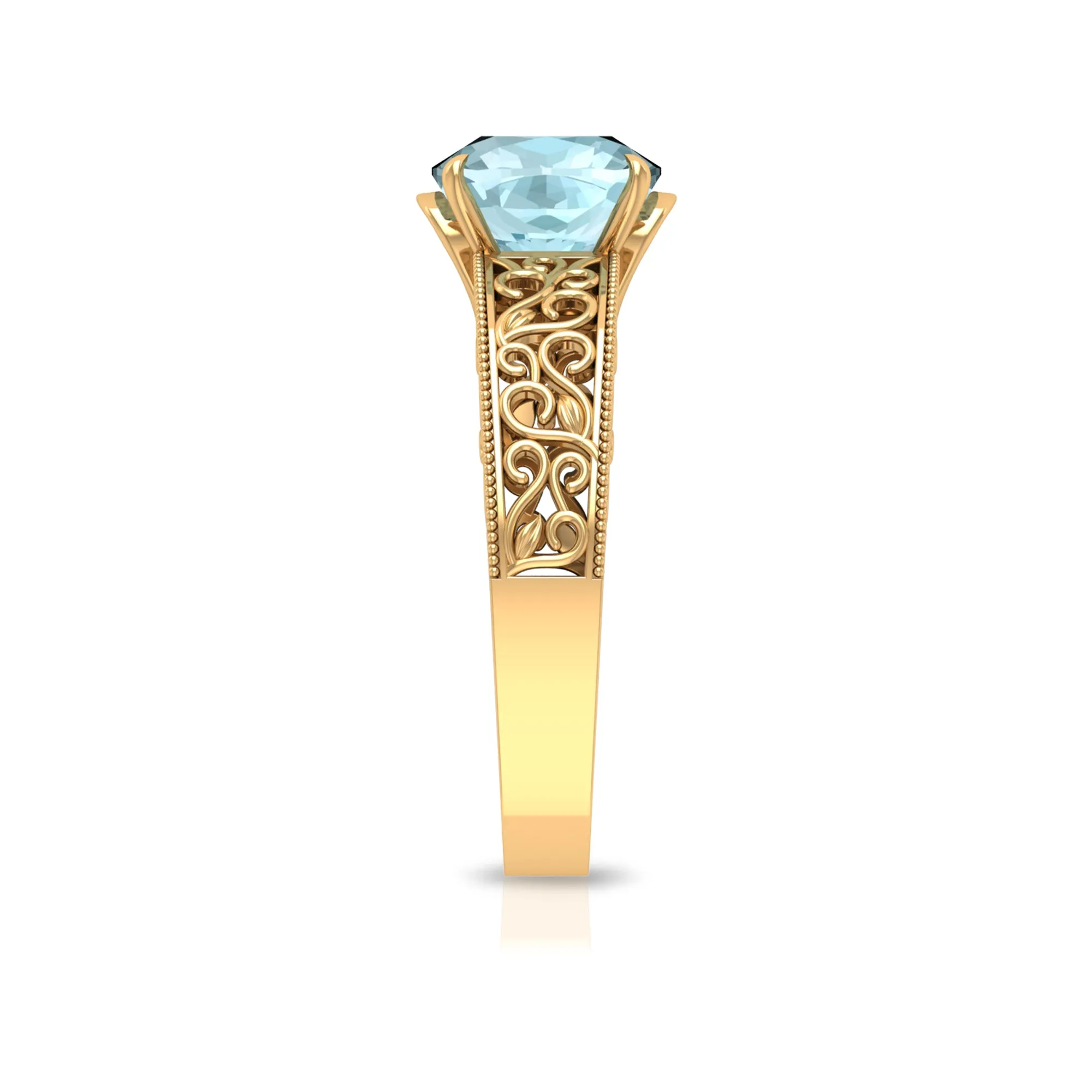 Cushion Cut Solitaire Sky Blue Topaz Filigree Ring in Claw Setting