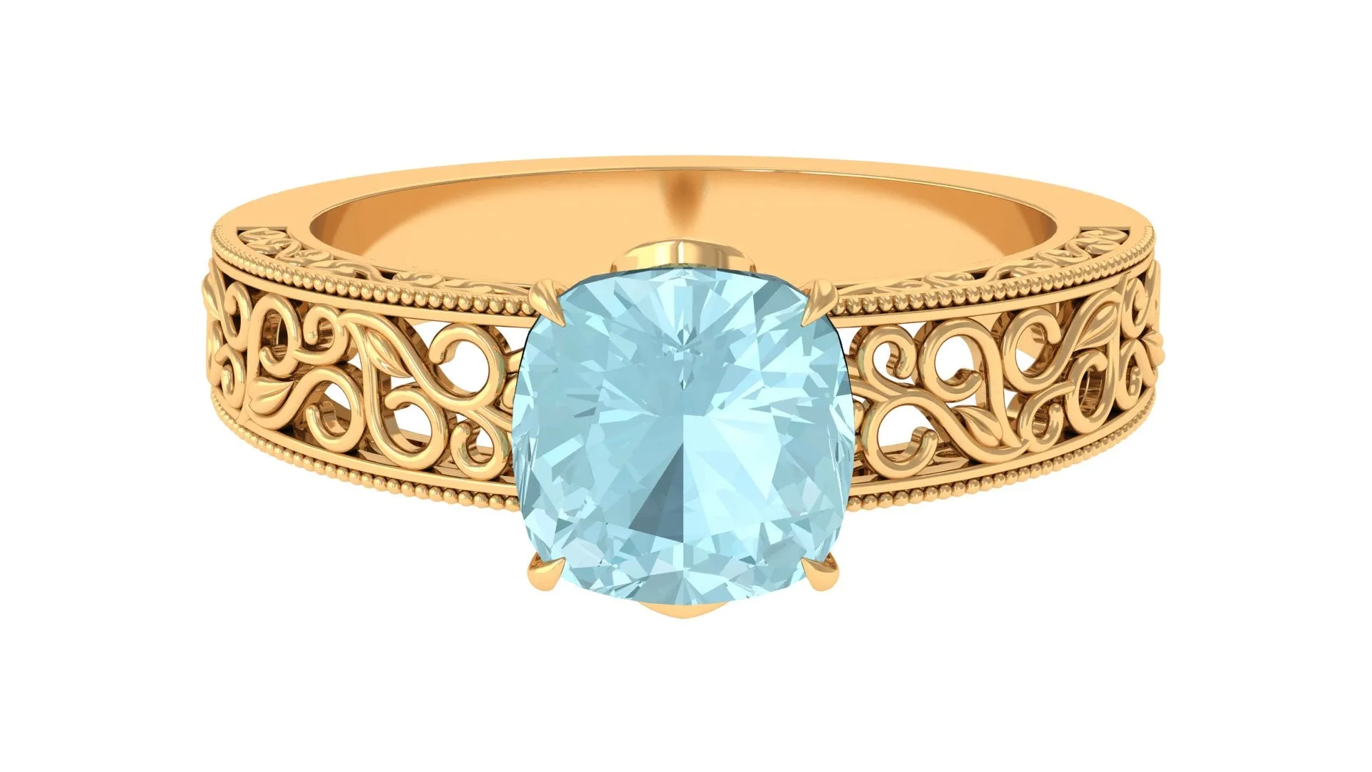 Cushion Cut Solitaire Sky Blue Topaz Filigree Ring in Claw Setting