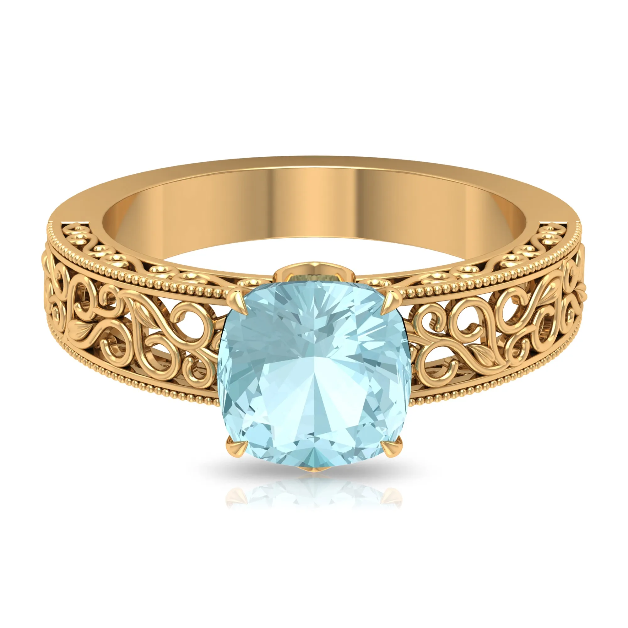 Cushion Cut Solitaire Sky Blue Topaz Filigree Ring in Claw Setting